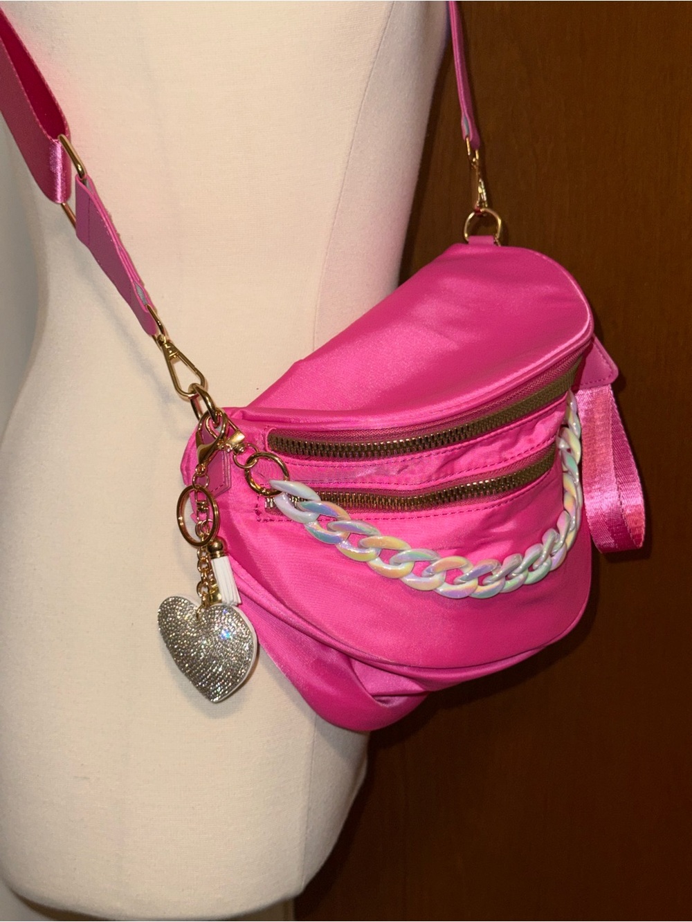 Bright Pink Chain-Trim Crossbody Sling Bag
